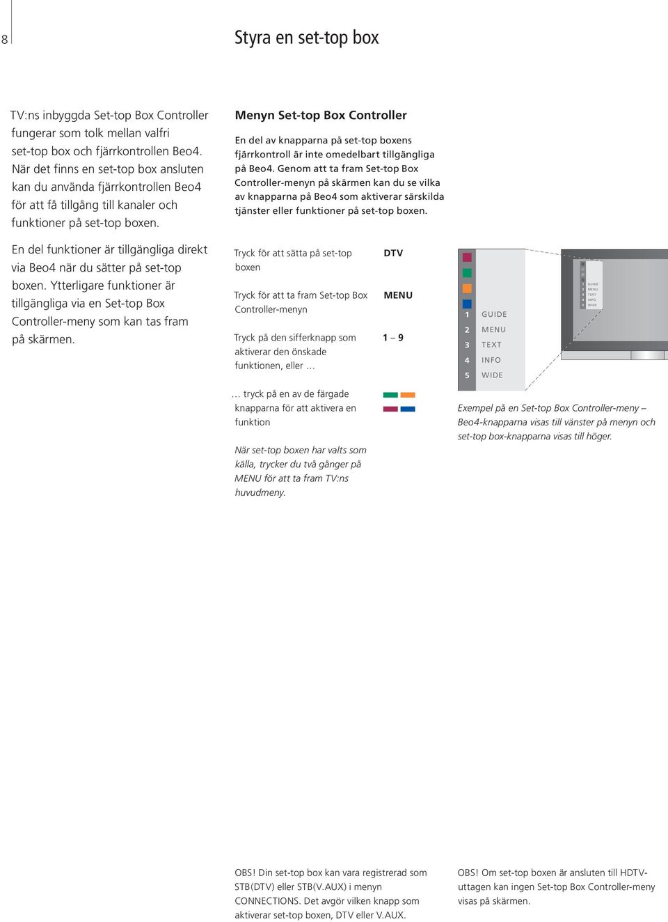 Menyn Set-top Box Controller En del av knapparna på set-top boxens fjärrkontroll är inte omedelbart tillgängliga på Beo4.