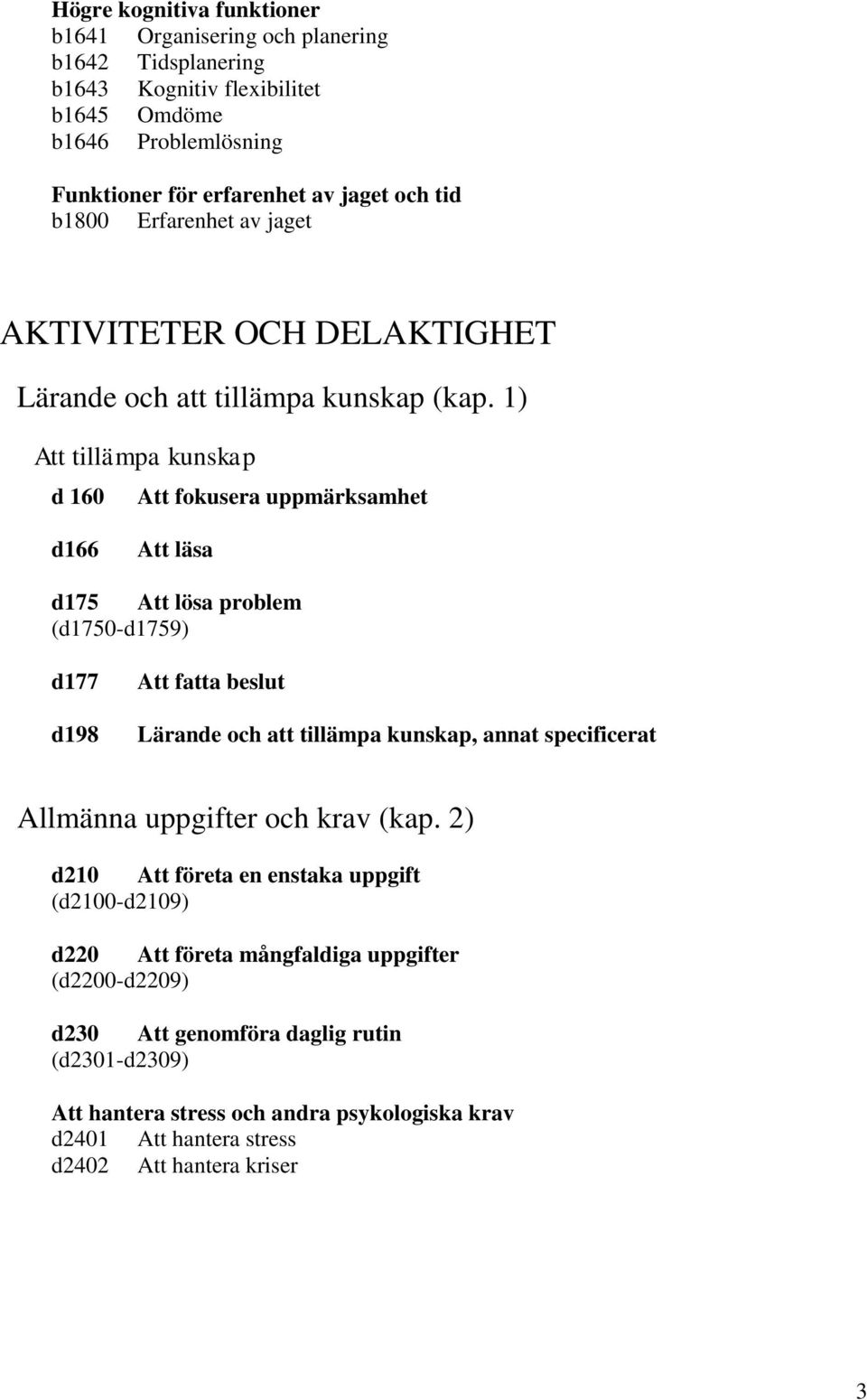 1) Att tillämpa kunskap d 160 Att fokusera uppmärksamhet d166 Att läsa d175 Att lösa problem (d1750-d1759) d177 d198 Att fatta beslut Lärande och att tillämpa kunskap, annat specificerat