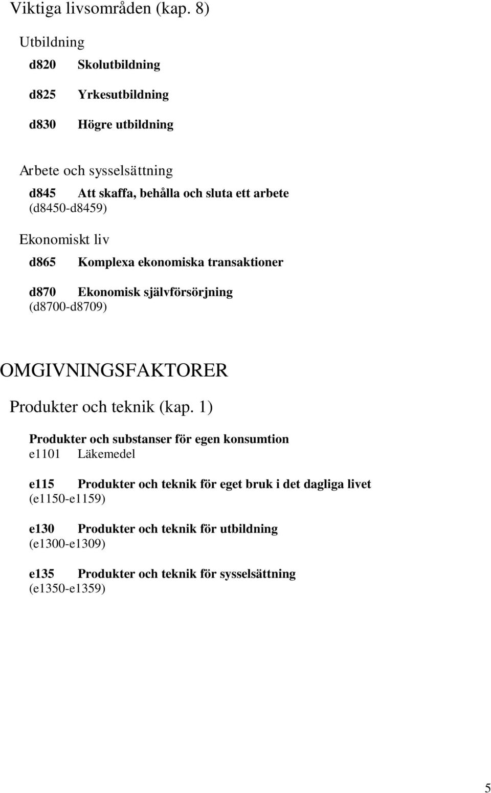 arbete (d8450-d8459) Ekonomiskt liv d865 Komplexa ekonomiska transaktioner d870 Ekonomisk självförsörjning (d8700-d8709) OMGIVNINGSFAKTORER