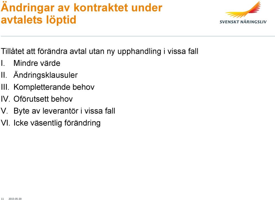 Ändringsklausuler III. Kompletterande behov IV. Oförutsett behov V.
