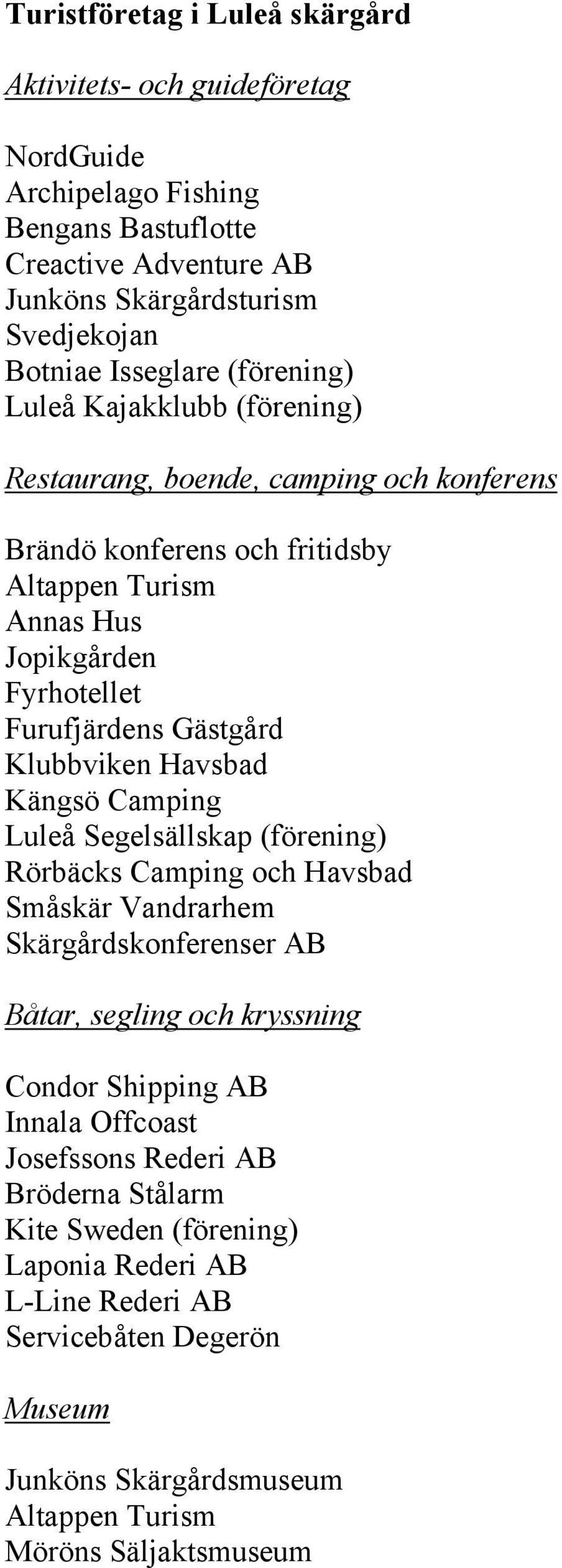 Klubbviken Havsbad Kängsö Camping Luleå Segelsällskap (förening) Rörbäcks Camping och Havsbad Småskär Vandrarhem Skärgårdskonferenser AB Båtar, segling och kryssning Condor Shipping AB