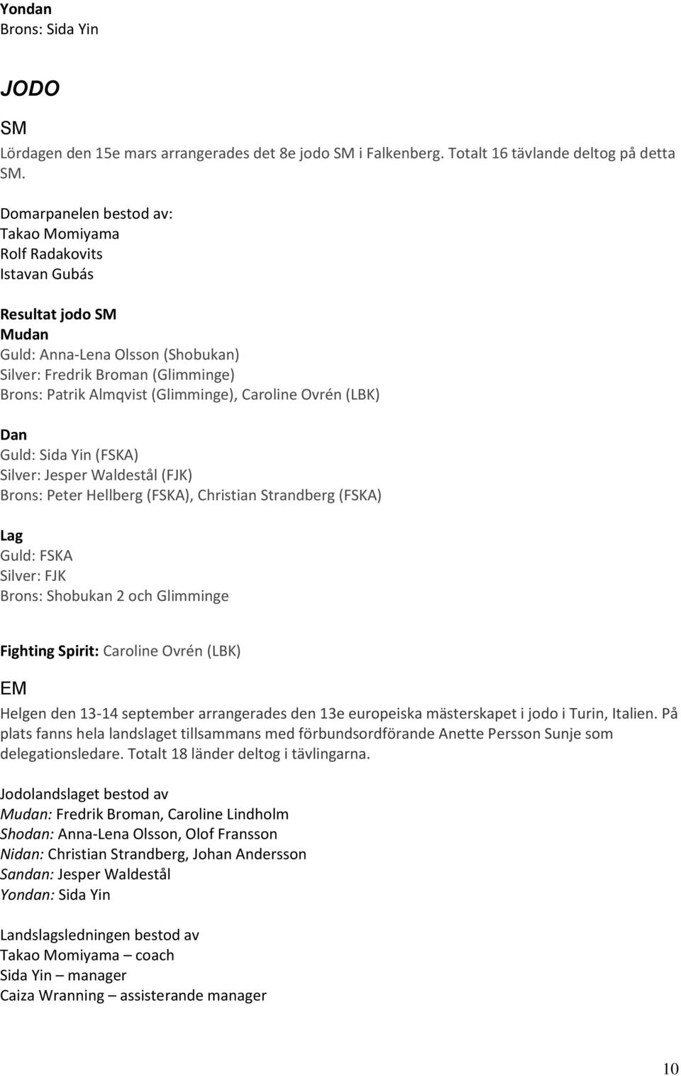 Caroline Ovrén (LBK) Dan Guld: Sida Yin (FSKA) Silver: Jesper Waldestål (FJK) Brons: Peter Hellberg (FSKA), Christian Strandberg (FSKA) Lag Guld: FSKA Silver: FJK Brons: Shobukan 2 och Glimminge