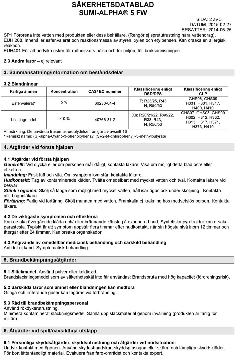 2.3 Andra faror ej relevant 3. Sammansättning/information om beståndsdelar 3.