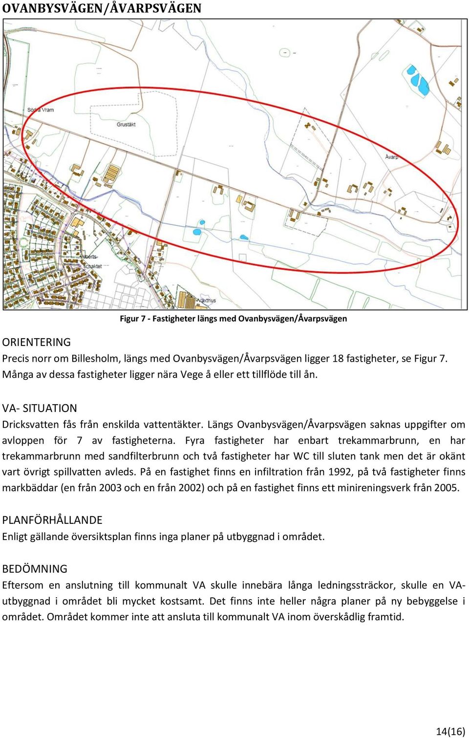 Längs Ovanbysvägen/Åvarpsvägen saknas uppgifter om avloppen för 7 av fastigheterna.