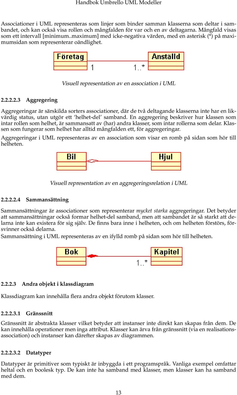 2.2.2.3 Aggregering Aggregeringar är särskilda sorters associationer, där de två deltagande klasserna inte har en likvärdig status, utan utgör ett helhet-del samband.