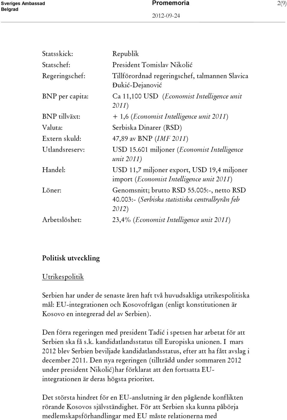 601 miljoner (Economist Intelligence unit 2011) USD 11,7 miljoner export, USD 19,4 miljoner import (Economist Intelligence unit 2011) Genomsnitt; brutto RSD 55.005:-, netto RSD 40.
