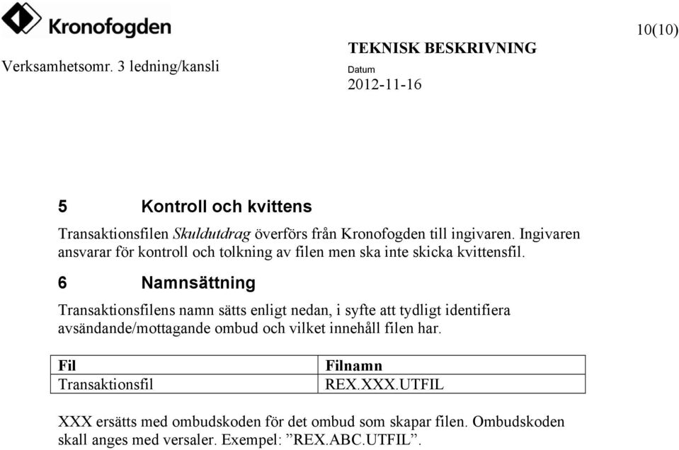 6 Namnsättning Transaktionsfilens namn sätts enligt nedan, i syfte att tydligt identifiera avsändande/mottagande ombud och