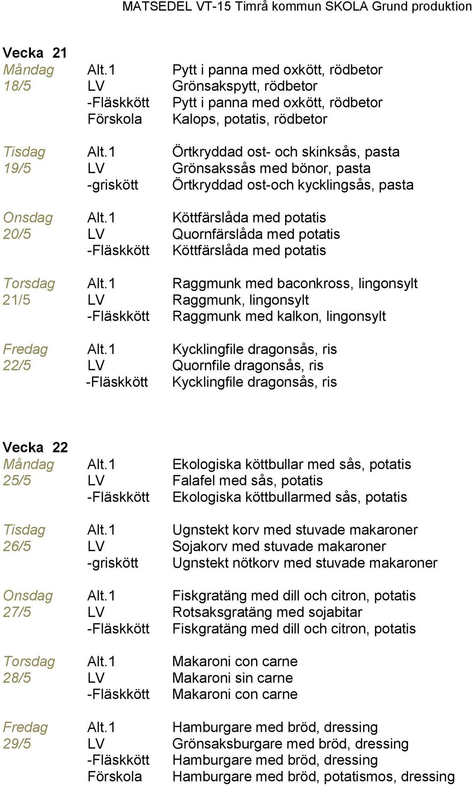 1 Köttfärslåda med potatis 20/5 LV Quornfärslåda med potatis Köttfärslåda med potatis Torsdag Alt.