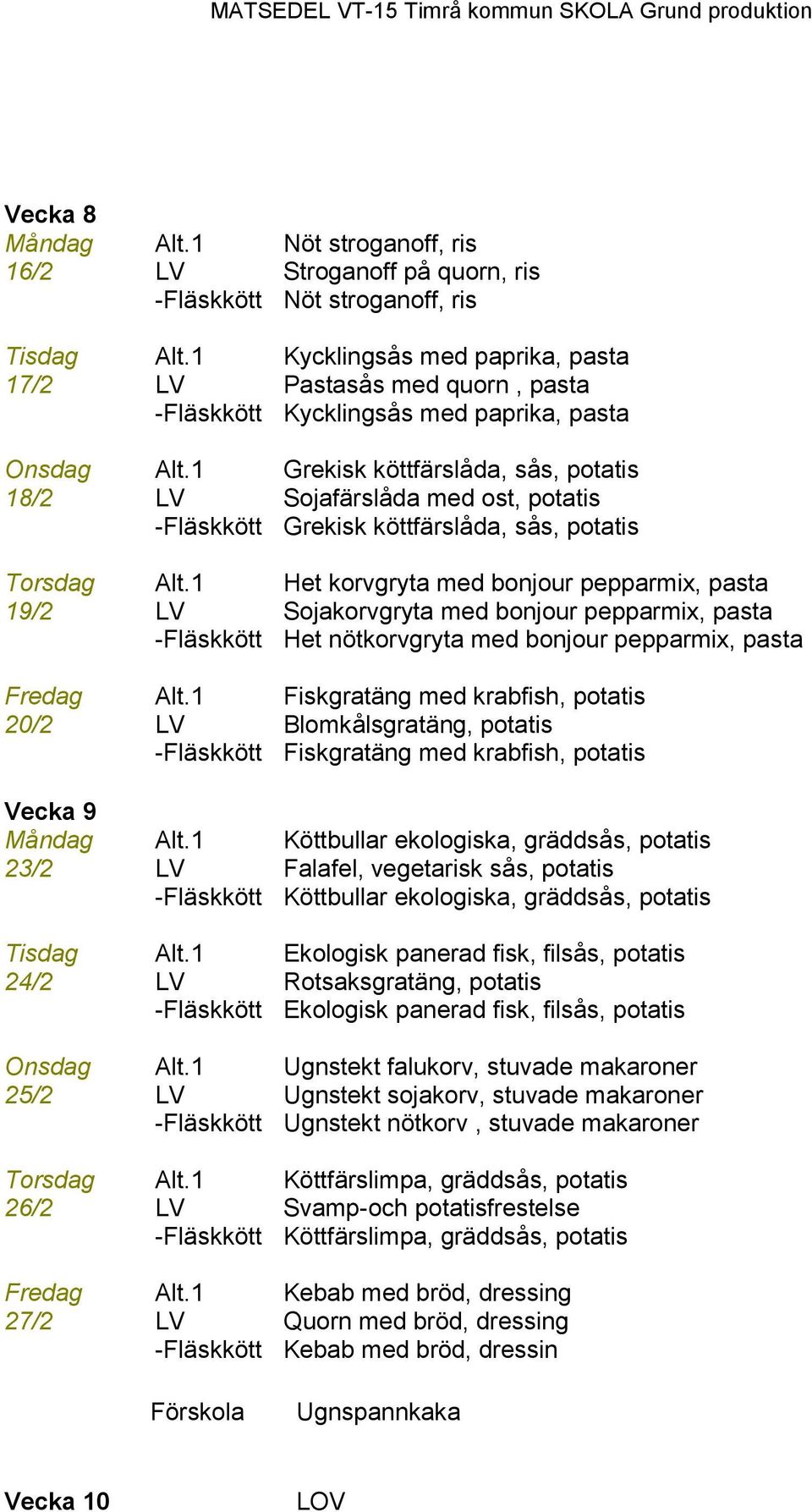 1 Grekisk köttfärslåda, sås, potatis 18/2 LV Sojafärslåda med ost, potatis Grekisk köttfärslåda, sås, potatis Torsdag Alt.