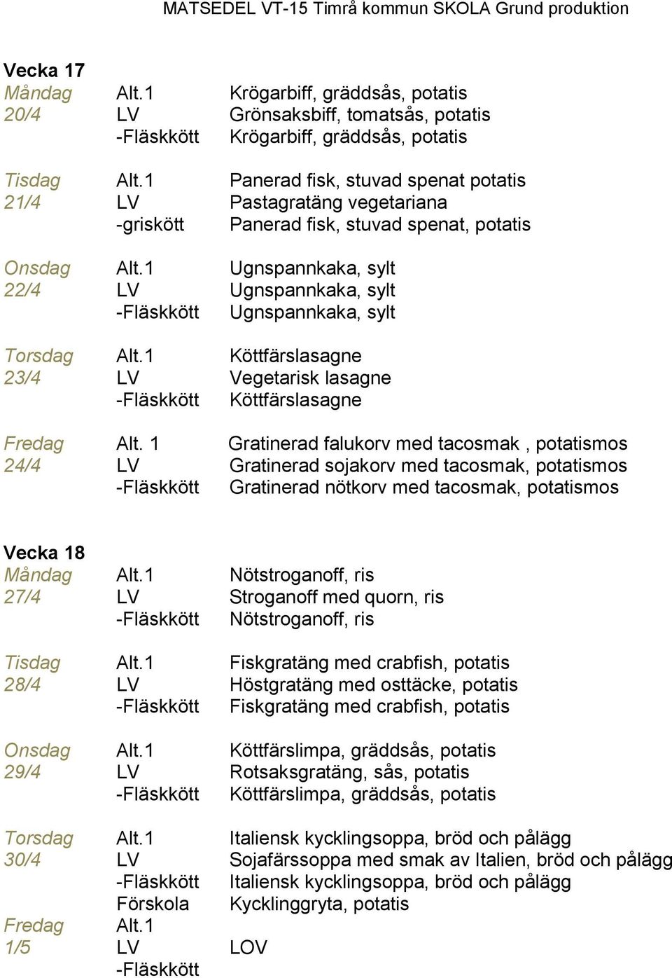1 Ugnspannkaka, sylt 22/4 LV Ugnspannkaka, sylt Ugnspannkaka, sylt Torsdag Alt.1 Köttfärslasagne 23/4 LV Vegetarisk lasagne Köttfärslasagne Fredag Alt.