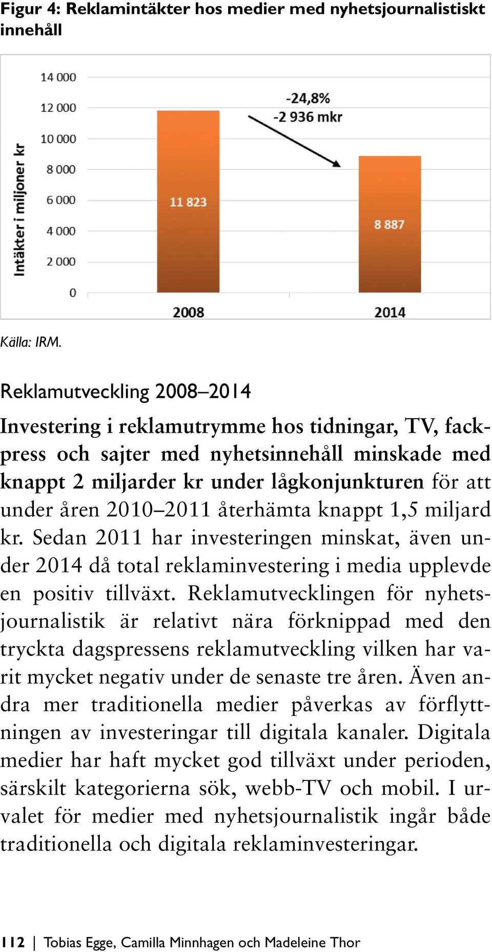 återhämta knappt 1,5 miljard kr. Sedan 2011 har investeringen minskat, även under 2014 då total reklaminvestering i media upplevde en positiv tillväxt.