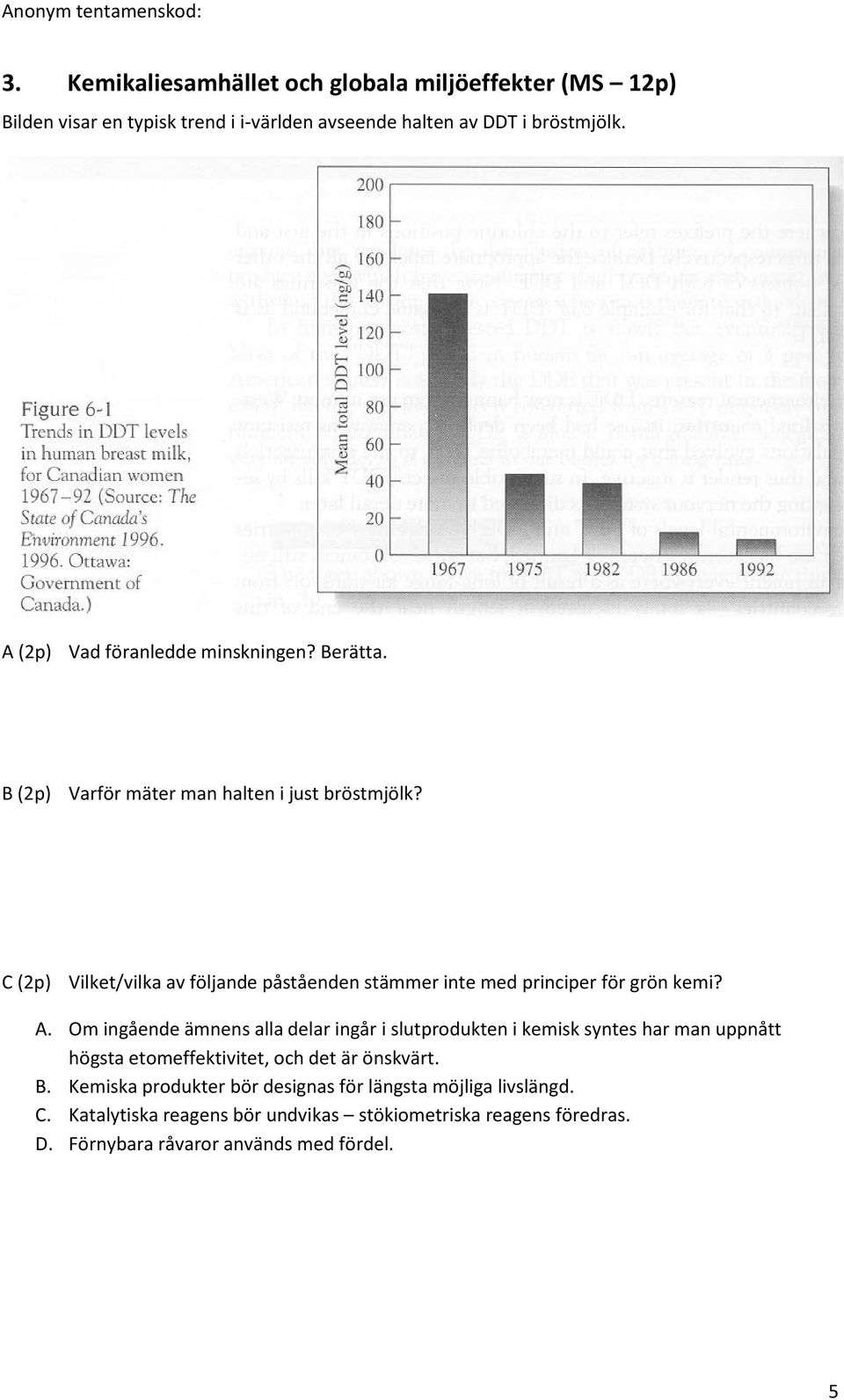 C (2p) Vilket/vilka av följande påståenden stämmer inte med principer för grön kemi? A.