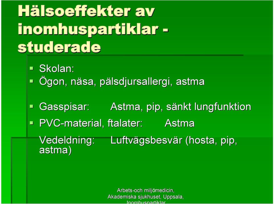 PVC-material, ftalater: Vedeldning: astma) Astma, pip,