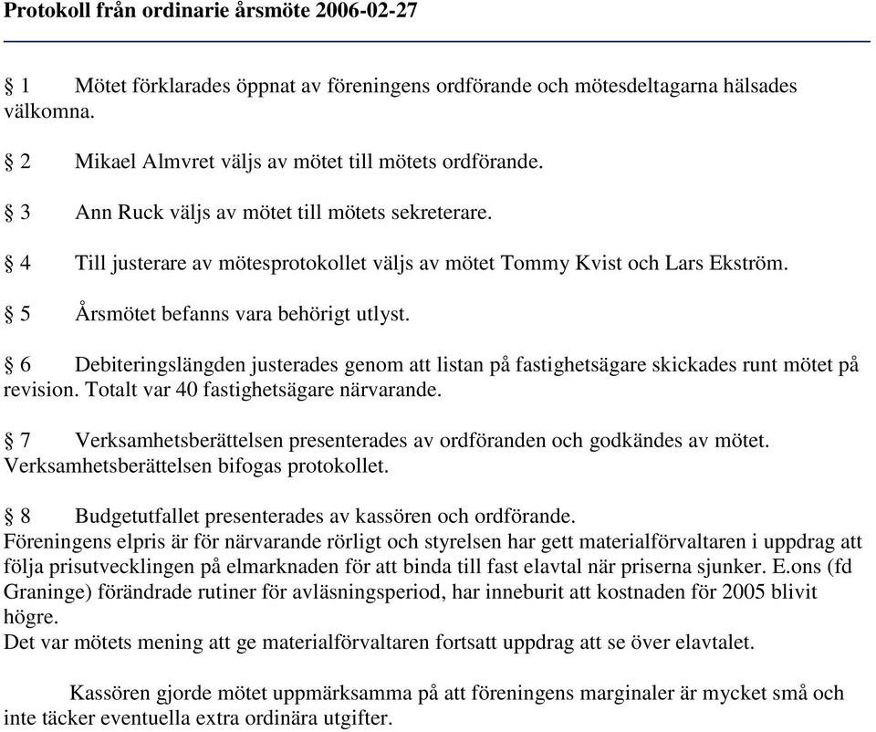 6 Debiteringslängden justerades genom att listan på fastighetsägare skickades runt mötet på revision. Totalt var 40 fastighetsägare närvarande.