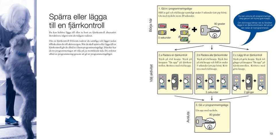 När du skall spärra eller lägga till en fjärrkontroll går du alltid in i låsets programmeringsläge. Därefter har du tre programmeringar att välja på, se motstående sida.