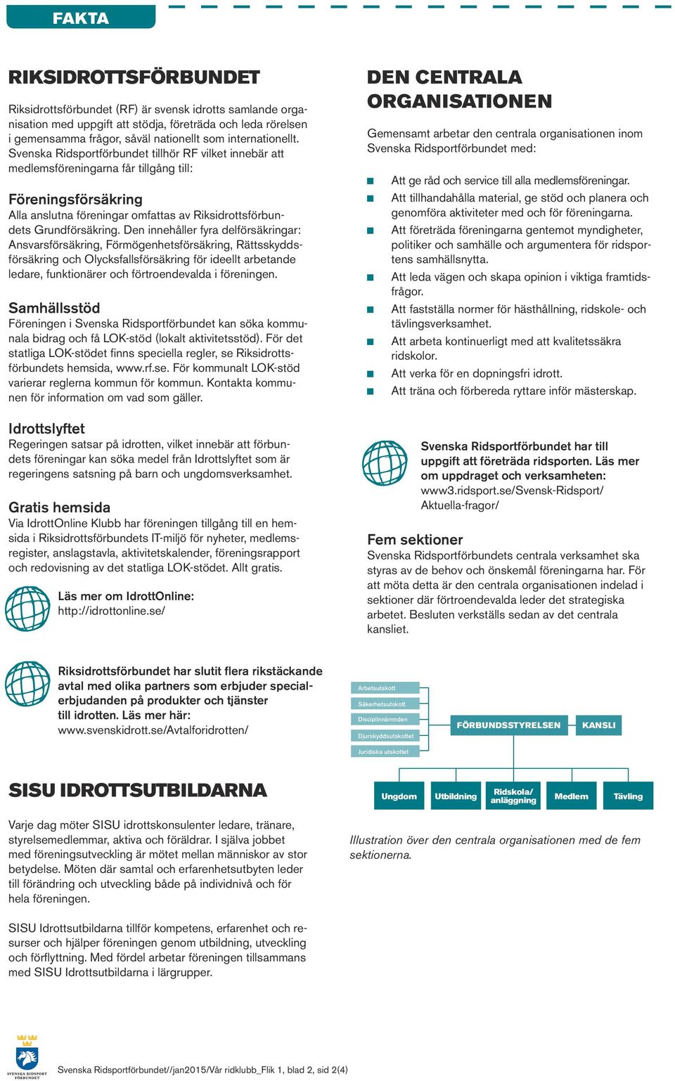 Svenska Ridsportförbundet tillhör RF vilket innebär att medlemsföreningarna får tillgång till: Föreningsförsäkring Alla anslutna föreningar omfattas av Riksidrottsförbundets Grundförsäkring.