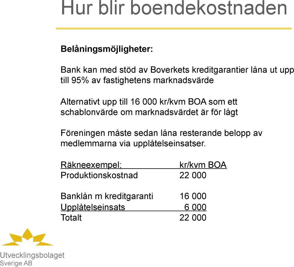 marknadsvärdet är för lågt Föreningen måste sedan låna resterande belopp av medlemmarna via