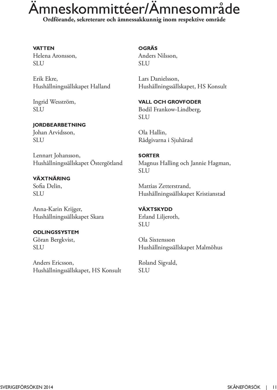 SLU Anders Ericsson, Hushållningssällskapet, HS Konsult OGRÄS Anders Nilsson, SLU Lars Danielsson, Hushållningssällskapet, HS Konsult VALL OCH GROVFODER Bodil Frankow-Lindberg, SLU Ola Hallin,
