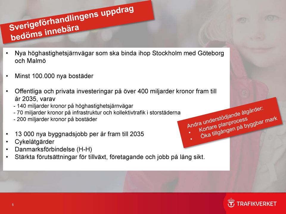 kronor på höghastighetsjärnvägar - 70 miljarder kronor på infrastruktur och kollektivtrafik i storstäderna - 200 miljarder