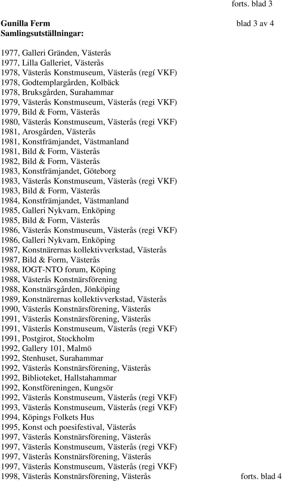 1978, Bruksgården, Surahammar 1979, Västerås Konstmuseum, Västerås (regi VKF) 1979, Bild & Form, Västerås 1980, Västerås Konstmuseum, Västerås (regi VKF) 1981, Arosgården, Västerås 1981,