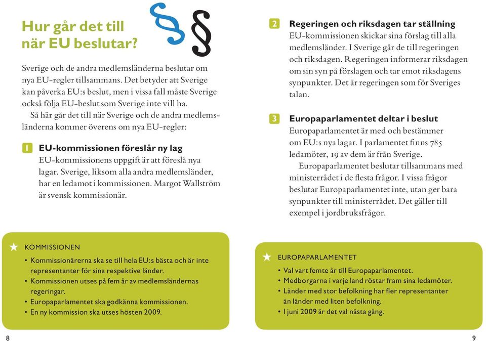 Så här går det till när Sverige och de andra medlemsländerna kommer överens om nya EU-regler: 1 EU-kommissionen föreslår ny lag EU-kommissionens uppgift är att föreslå nya lagar.