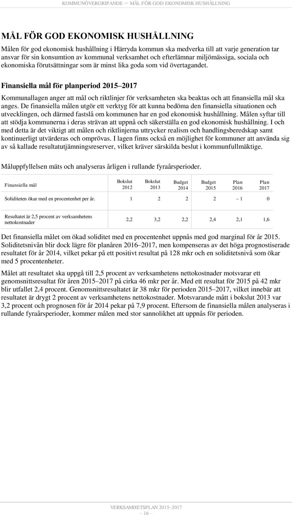 Finansiella mål för planperiod 2015 2017 Kommunallagen anger att mål och riktlinjer för verksamheten ska beaktas och att finansiella mål ska anges.