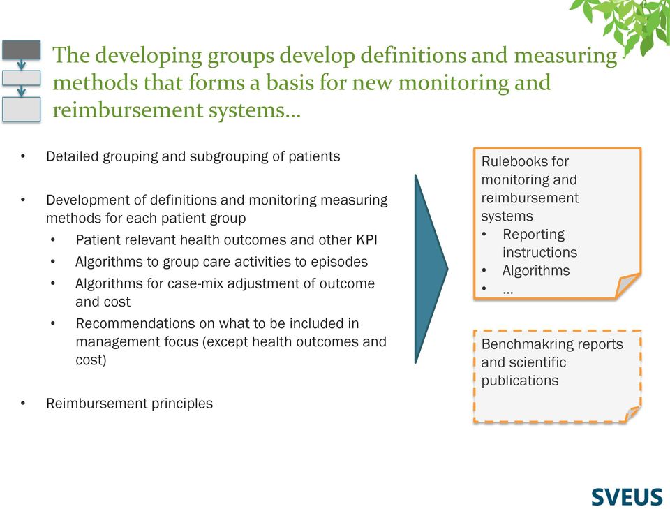 activities to episodes Algorithms for case-mix adjustment of outcome and cost Recommendations on what to be included in management focus (except health outcomes and
