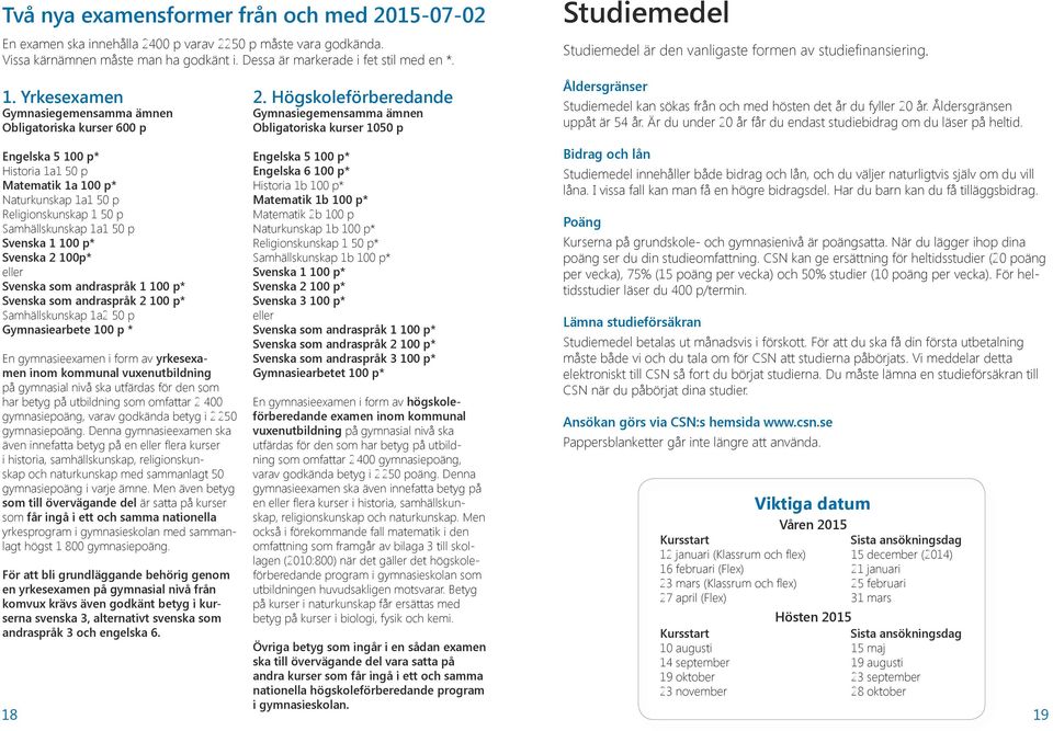 Högskoleförberedande Gymnasiegemensamma ämnen Obligatoriska kurser 10 Åldersgränser Studiemedel kan sökas från och med hösten det år du fyller 20 år. Åldersgränsen uppåt är 54 år.