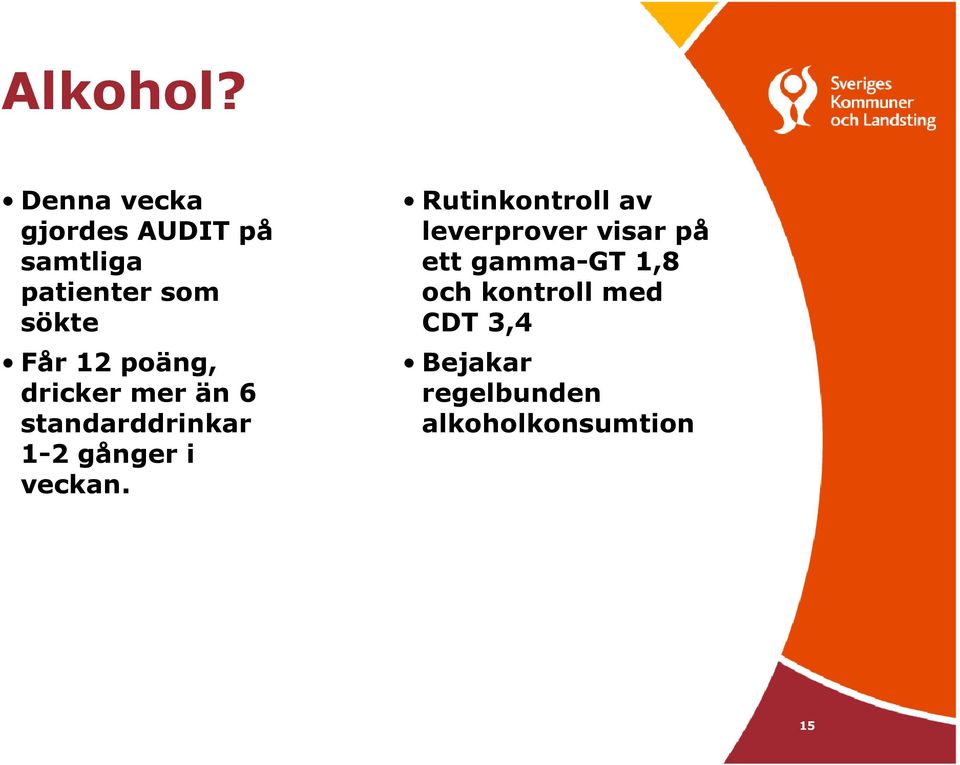 12 poäng, dricker mer än 6 standarddrinkar 1-2 gånger i veckan.