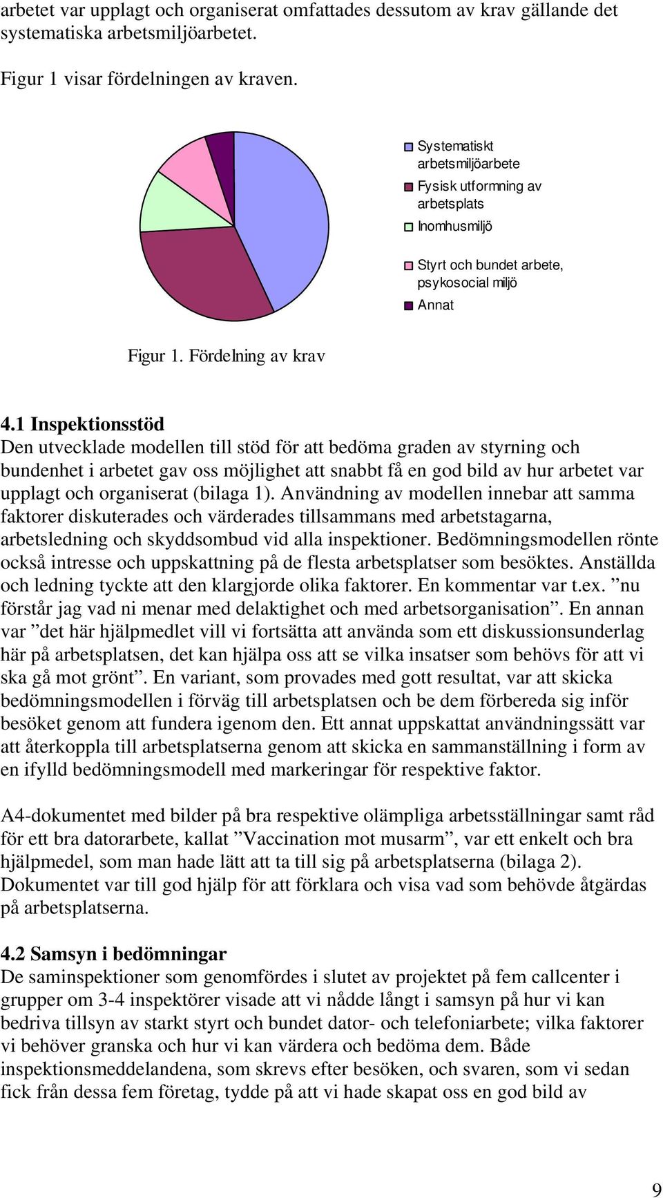 1 Inspektionsstöd Den utvecklade modellen till stöd för att bedöma graden av styrning och bundenhet i arbetet gav oss möjlighet att snabbt få en god bild av hur arbetet var upplagt och organiserat