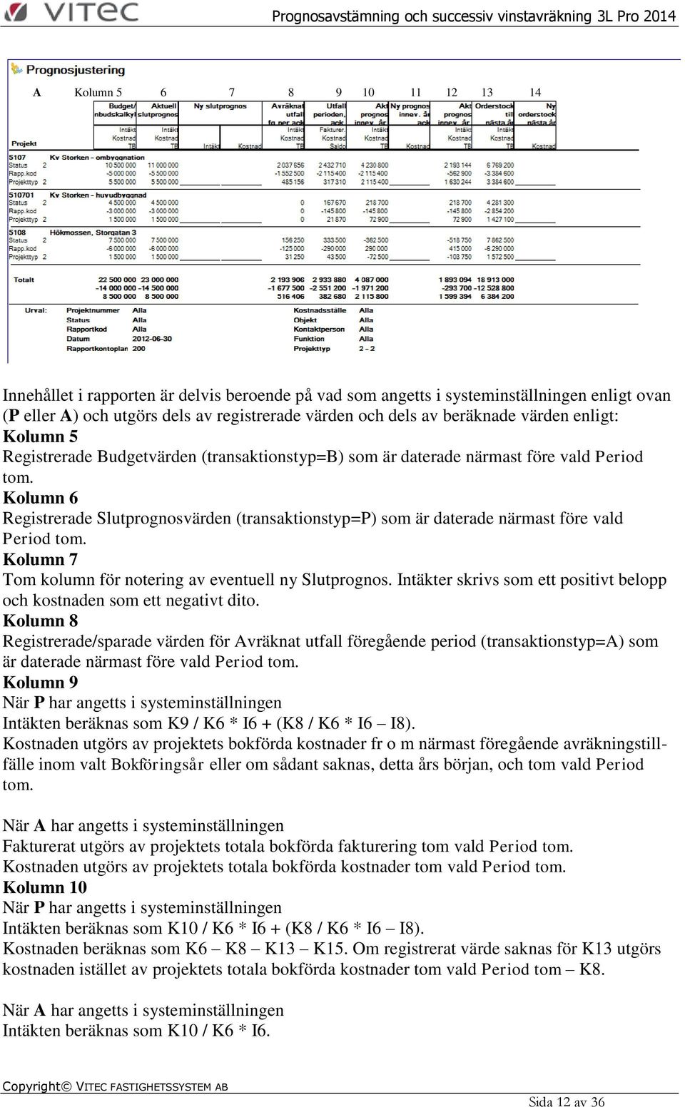 Kolumn 6 Registrerade Slutprognosvärden (transaktionstyp=p) som är daterade närmast före vald Period tom. Kolumn 7 Tom kolumn för notering av eventuell ny Slutprognos.