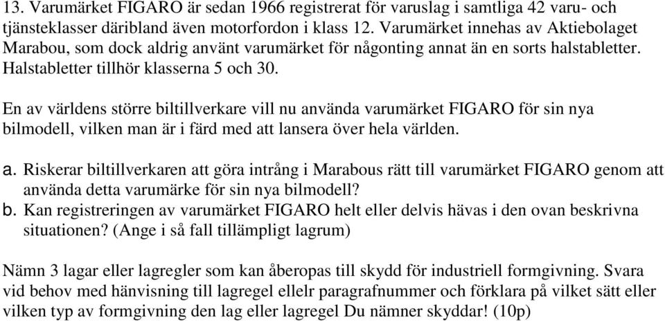 En av världens större biltillverkare vill nu använda varumärket FIGARO för sin nya bilmodell, vilken man är i färd med att lansera över hela världen. a. Riskerar biltillverkaren att göra intrång i Marabous rätt till varumärket FIGARO genom att använda detta varumärke för sin nya bilmodell?