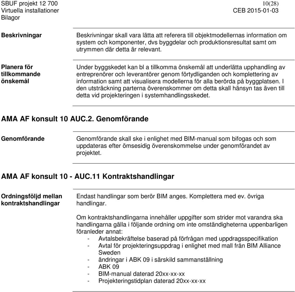 Under byggskedet kan bl a tillkomma önskemål att underlätta upphandling av entreprenörer och leverantörer genom förtydliganden och komplettering av information samt att visualisera modellerna för