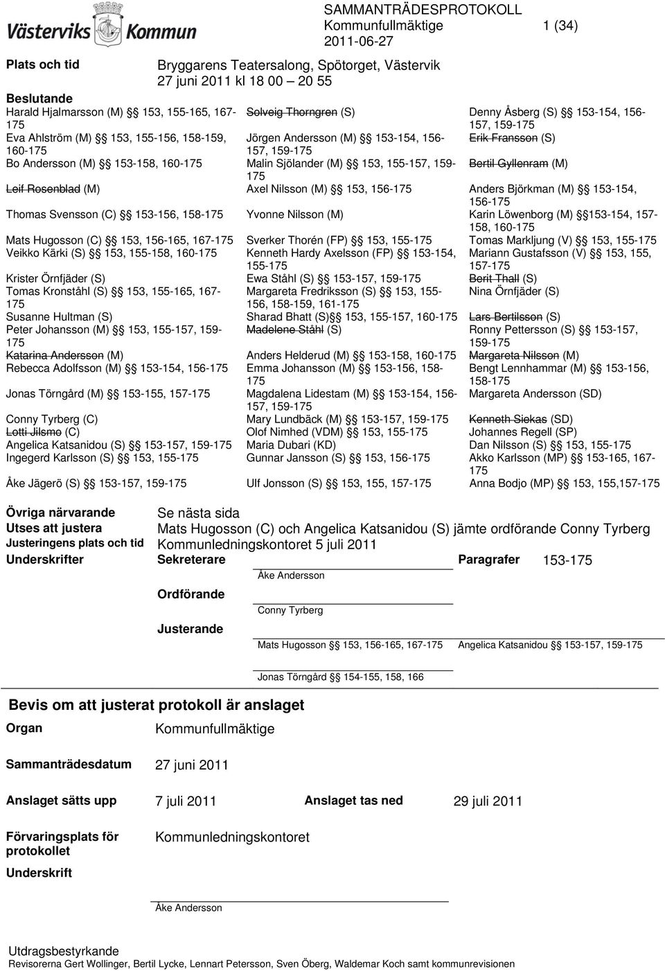 Sjölander (M) 153, 155-157, 159- Bertil Gyllenram (M) 175 Leif Rosenblad (M) Axel Nilsson (M) 153, 156-175 Anders Björkman (M) 153-154, 156-175 Thomas Svensson (C) 153-156, 158-175 Yvonne Nilsson (M)