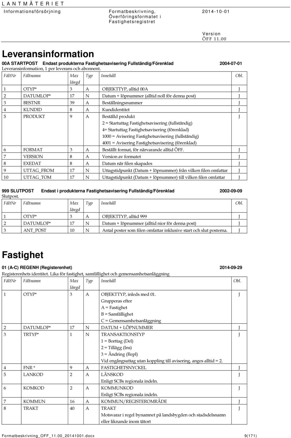 produkt 2 = Startuttag Fastighetsavisering (fullständig) 4= Startuttag Fastighetsavisering (förenklad) 1000 = Avisering Fastighetsavisering (fullständig) 4001 = Avisering Fastighetsavisering