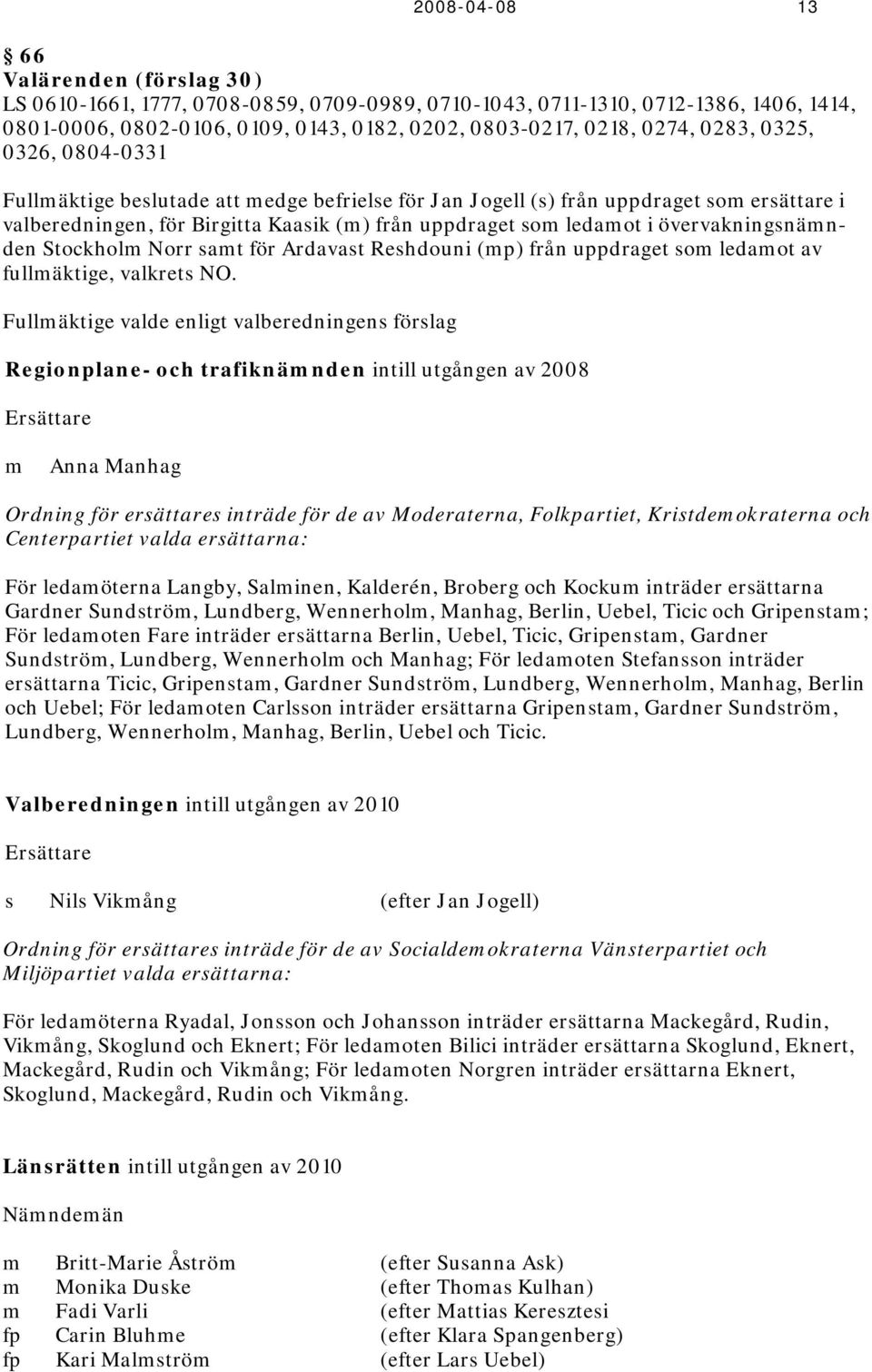 övervakningsnämnden Stockholm Norr samt för Ardavast Reshdouni (mp) från uppdraget som ledamot av fullmäktige, valkrets NO.