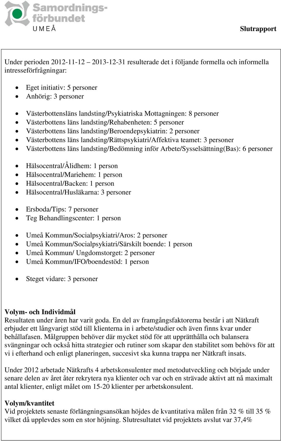 teamet: 3 personer Västerbottens läns landsting/bedömning inför Arbete/Sysselsättning(Bas): 6 personer Hälsocentral/Ålidhem: 1 person Hälsocentral/Mariehem: 1 person Hälsocentral/Backen: 1 person