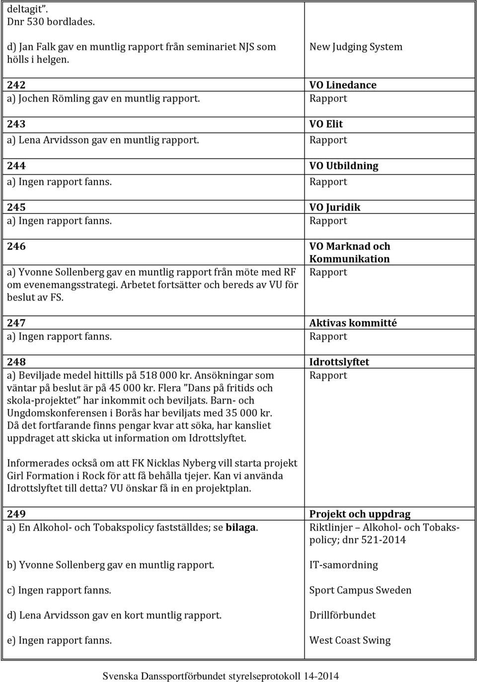 Rapport 244 VO Utbildning 245 VO Juridik 246 VO Marknad och Kommunikation a) Yvonne Sollenberg gav en muntlig rapport från möte med RF Rapport om evenemangsstrategi.