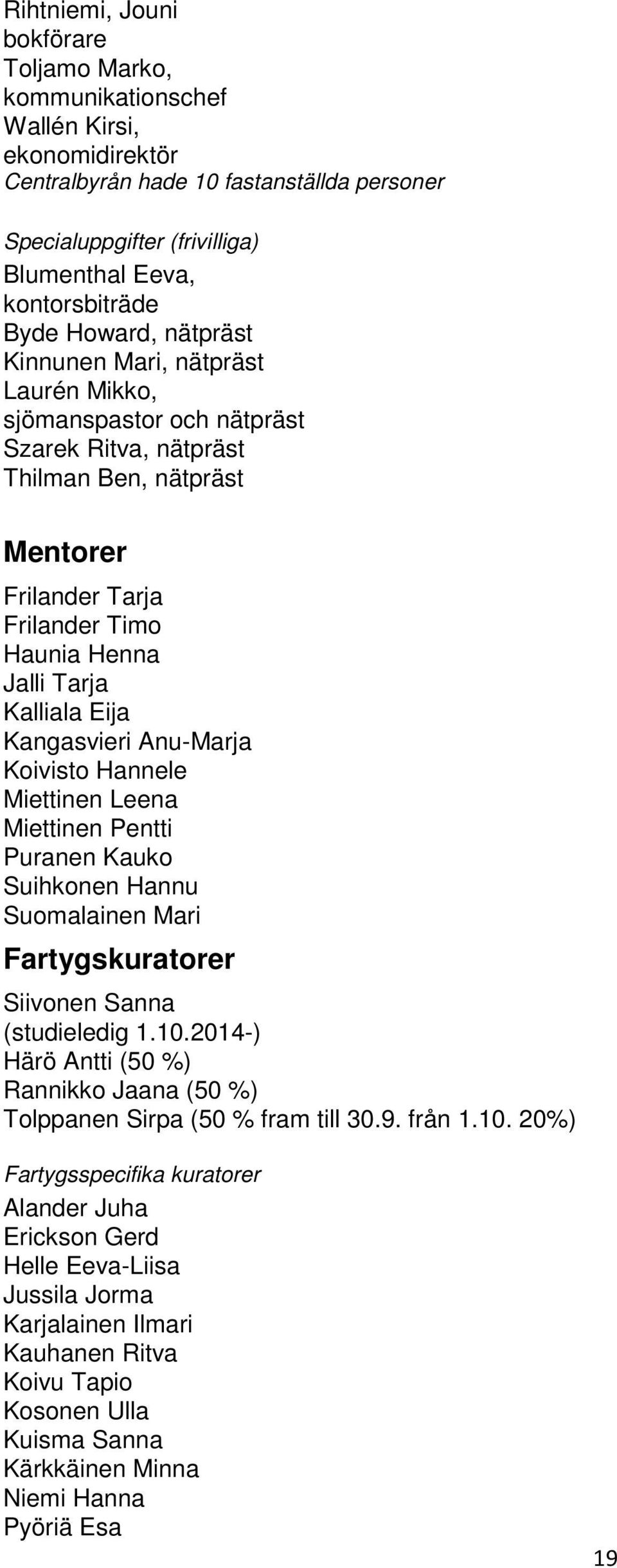 Kalliala Eija Kangasvieri Anu-Marja Koivisto Hannele Miettinen Leena Miettinen Pentti Puranen Kauko Suihkonen Hannu Suomalainen Mari Fartygskuratorer Siivonen Sanna (studieledig 1.10.