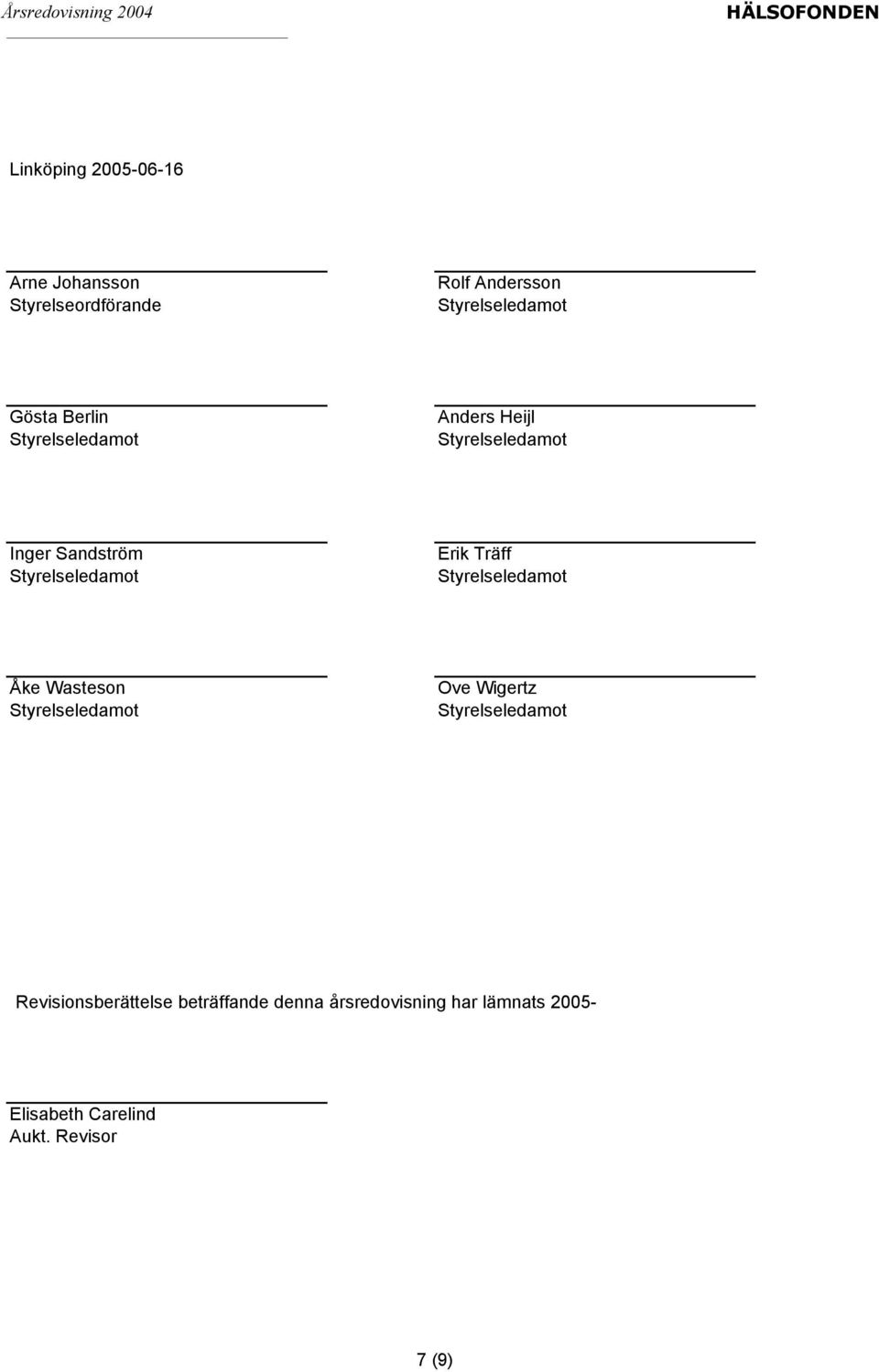 Åke Wasteson Ove Wigertz Revisionsberättelse beträffande denna