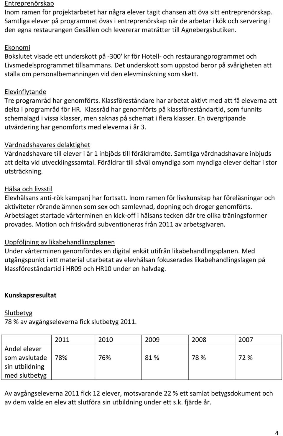 Ekonomi Bokslutet visade ett underskott på -300' kr för Hotell- och restaurangprogrammet och Livsmedelsprogrammet tillsammans.