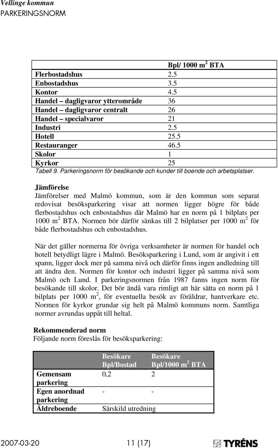 Jämförelse Jämförelser med Malmö kommun, som är den kommun som separat redovisat besöksparkering visar att normen ligger högre för både flerbostadshus och enbostadshus där Malmö har en norm på 1