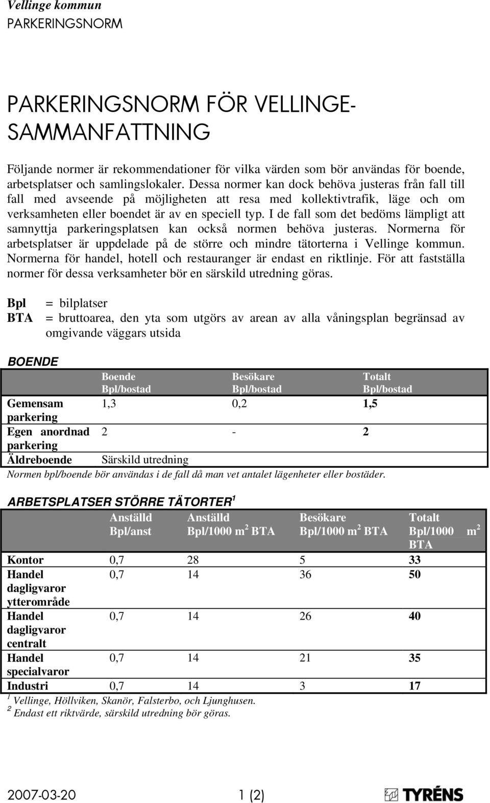 I de fall som det bedöms lämpligt att samnyttja parkeringsplatsen kan också normen behöva justeras. Normerna för arbetsplatser är uppdelade på de större och mindre tätorterna i Vellinge kommun.