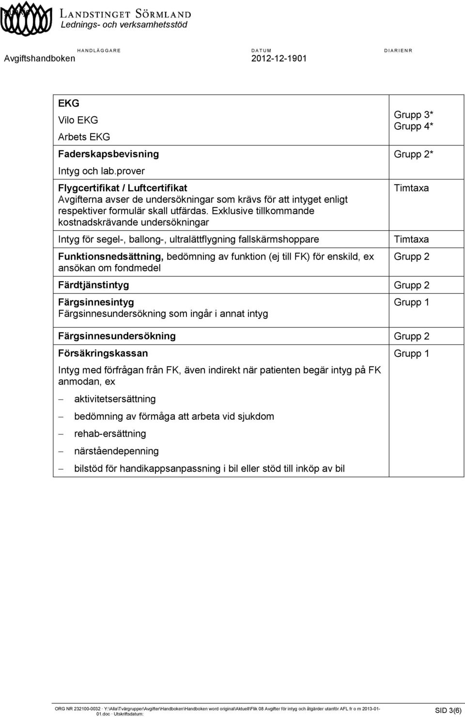 Exklusive tillkommande kostnadskrävande undersökningar Intyg för segel-, ballong-, ultralättflygning fallskärmshoppare Funktionsnedsättning, bedömning av funktion (ej till FK) för enskild, ex ansökan