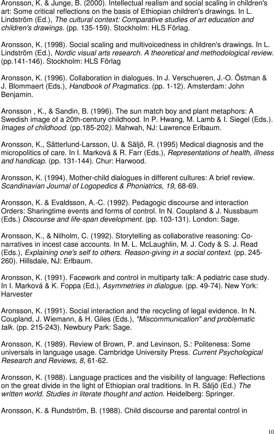 Social scaling and multivoicedness in children's drawings. In L. Lindström (Ed.), Nordic visual arts research. A theoretical and methodological review. (pp.141-146). Stockholm: HLS Förlag Aronsson, K.