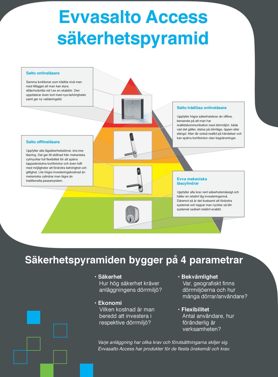 Det ger till skillnad från mekaniska cyl/nycklar full flexibilitet för att spärra tappade/stulna kort/brickor och även fullt med möjligheter att förändra behörighet och giltighet.