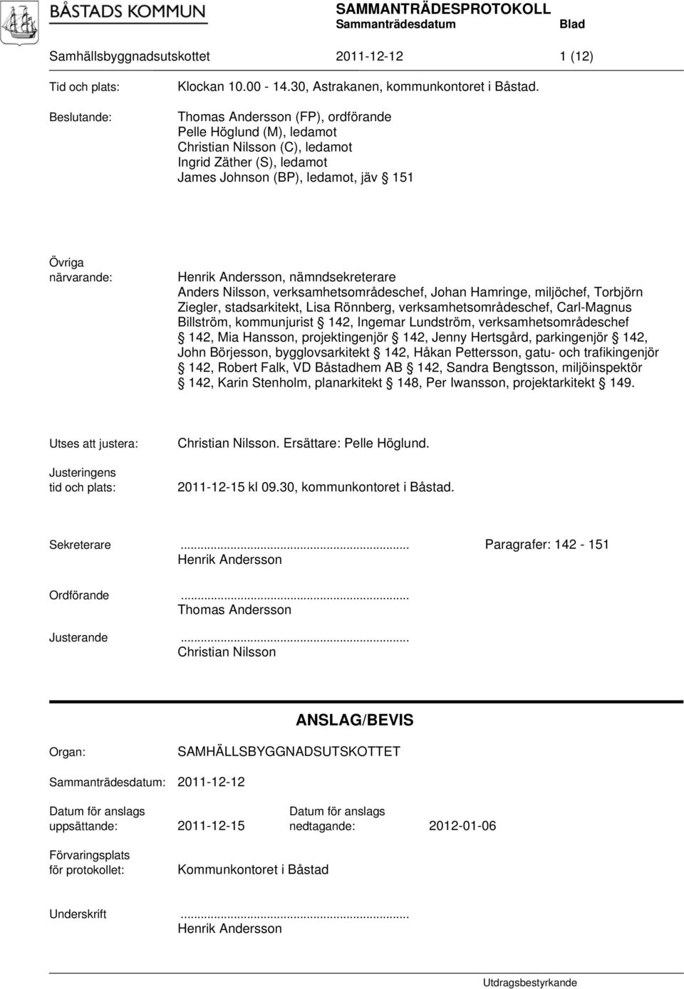 nämndsekreterare Anders Nilsson, verksamhetsområdeschef, Johan Hamringe, miljöchef, Torbjörn Ziegler, stadsarkitekt, Lisa Rönnberg, verksamhetsområdeschef, Carl-Magnus Billström, kommunjurist 142,