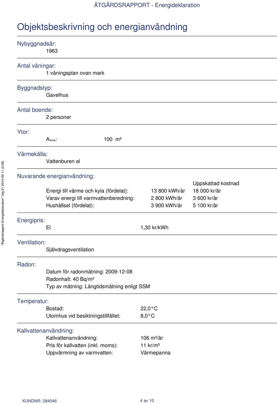 3 900 kwh/år 5 100 kr/år Energipris: El Ventilation: Självdragsventilation 1,30 kr/kwh Radon: Datum för radonmätning: 2009-12-08 Radonhalt: 40 Bq/m³ Typ av mätning: Långtidsmätning enligt SSM