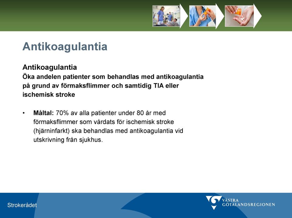 stroke Måltal: 70% av alla patienter under 80 år med förmaksflimmer som vårdats