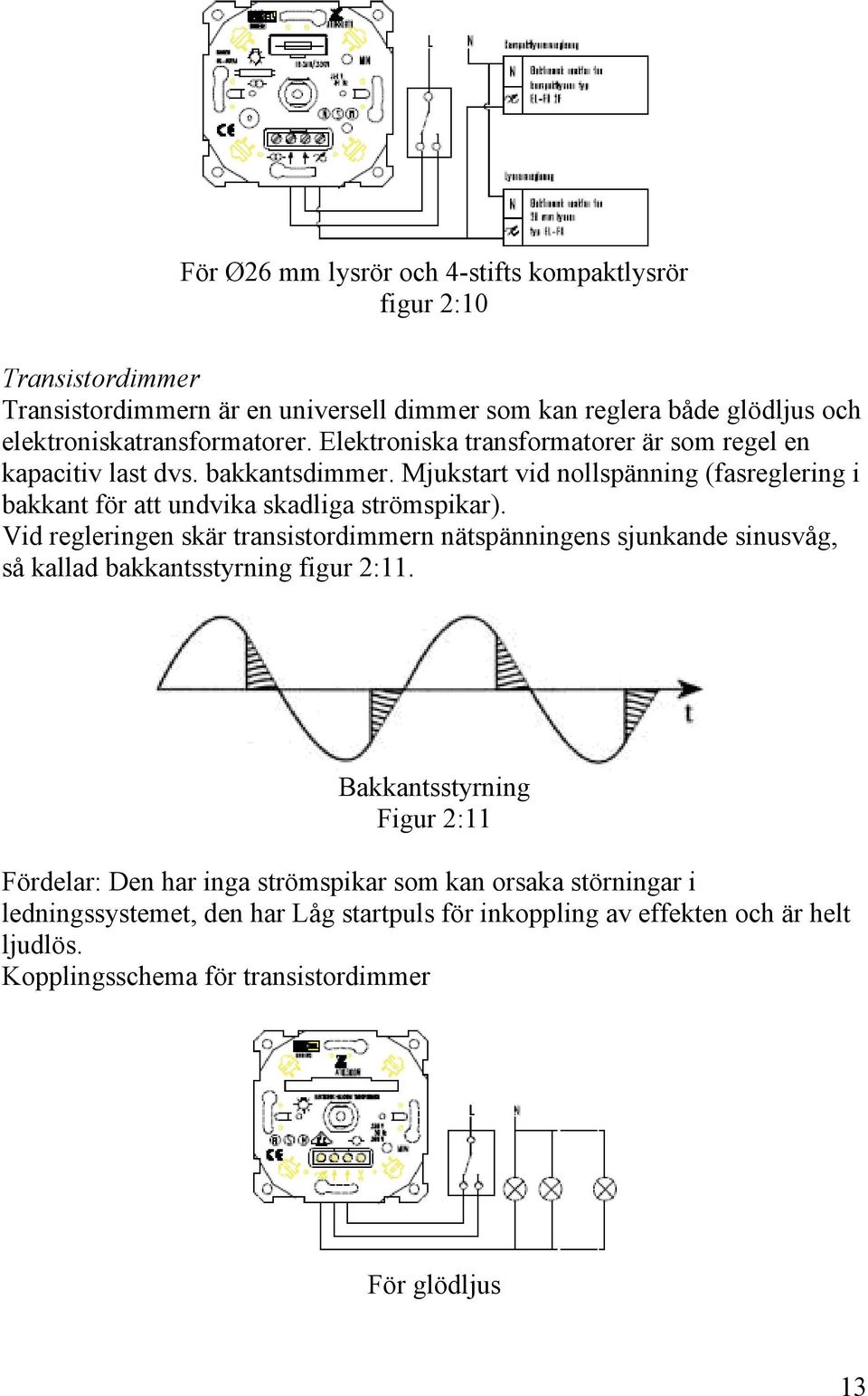 Mjukstart vid nollspänning (fasreglering i bakkant för att undvika skadliga strömspikar).